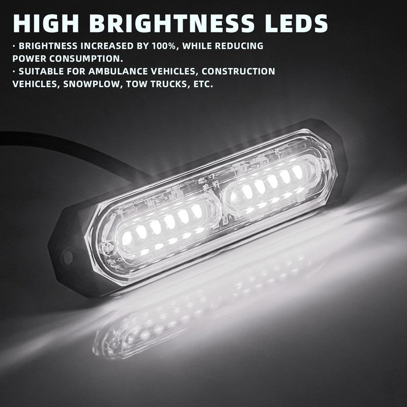 PKINGLAKE 8-Pcs 12 LED Sync Feature Emergency Strobe Grille Lights Ultra Slim Surface Mount Hazard Warning Flashing Light Bar for Firefighter/Construction/Police/Trucks/Vehicles/Car/SUV (White) - Image 3